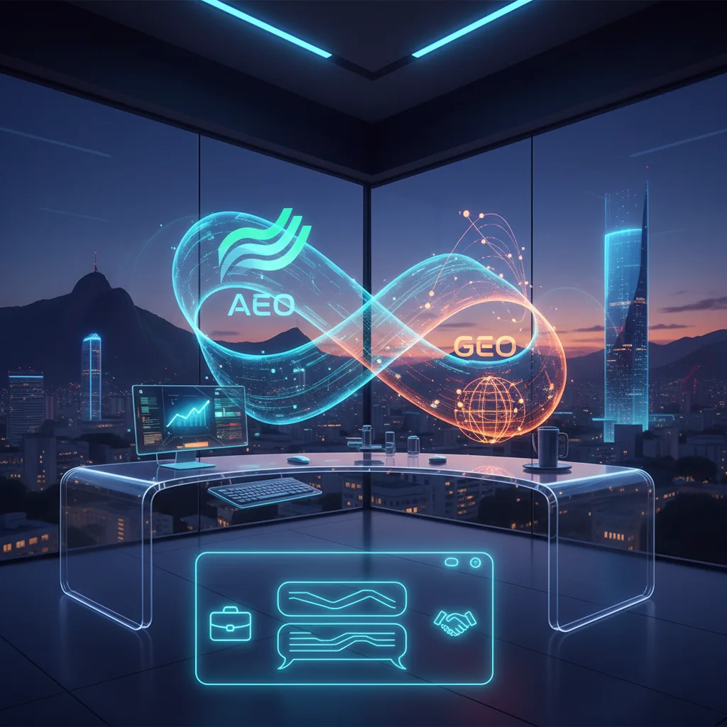 Infográfico moderno mostrando a conexão entre o logo do ChatGPT e estratégias de AEO e GEO para empresas brasileiras em 2026