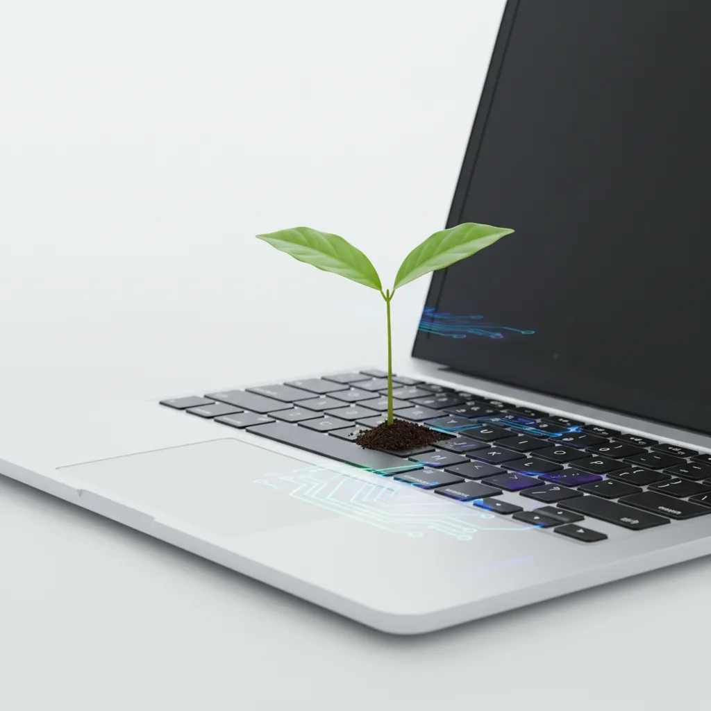 Ilustração de um broto de café crescendo de um teclado, simbolizando o sucesso de um case de tráfego orgânico.