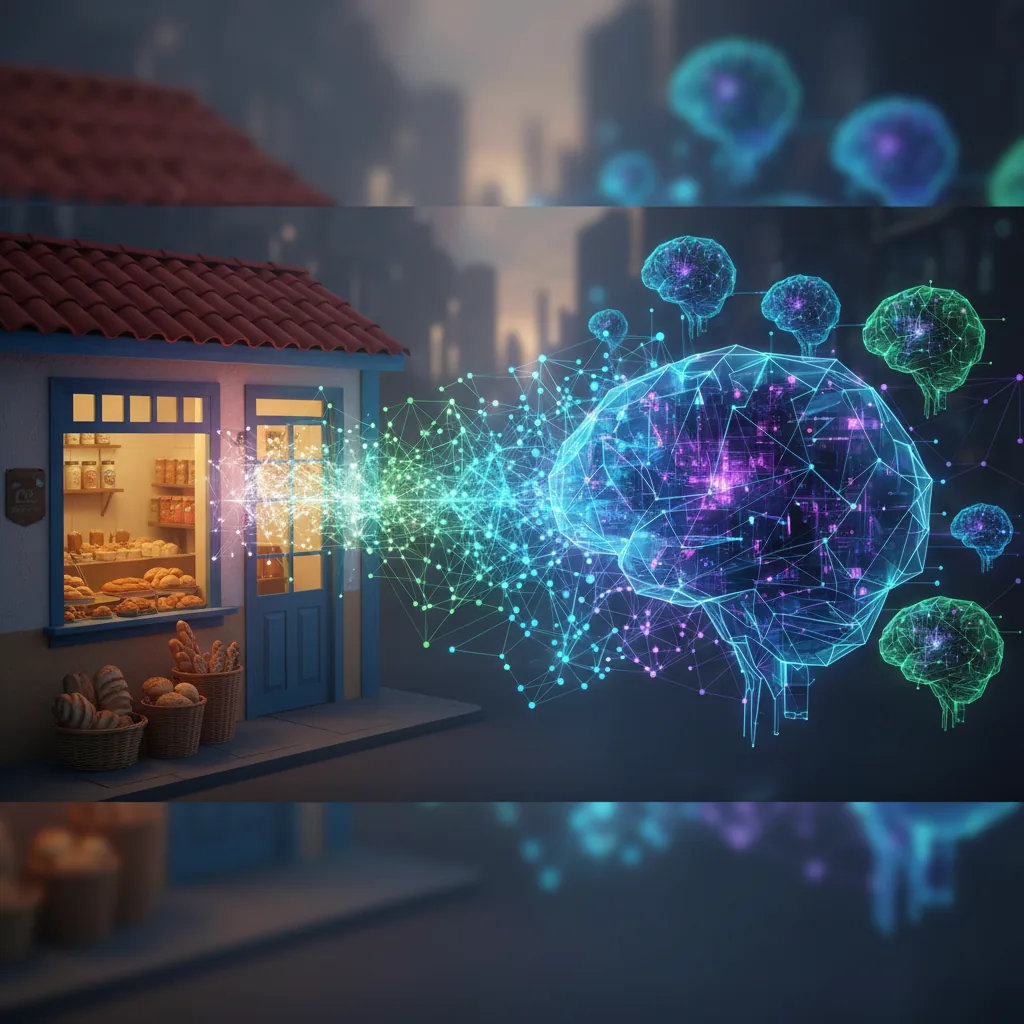 Ilustração de como fazer a IA recomendar sua empresa, mostrando uma doceria conectada a uma rede neural.