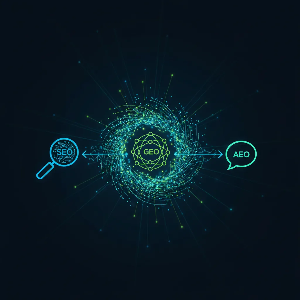 Diagrama conceitual mostrando a unificação de SEO, GEO e AEO pela plataforma BlogAI.