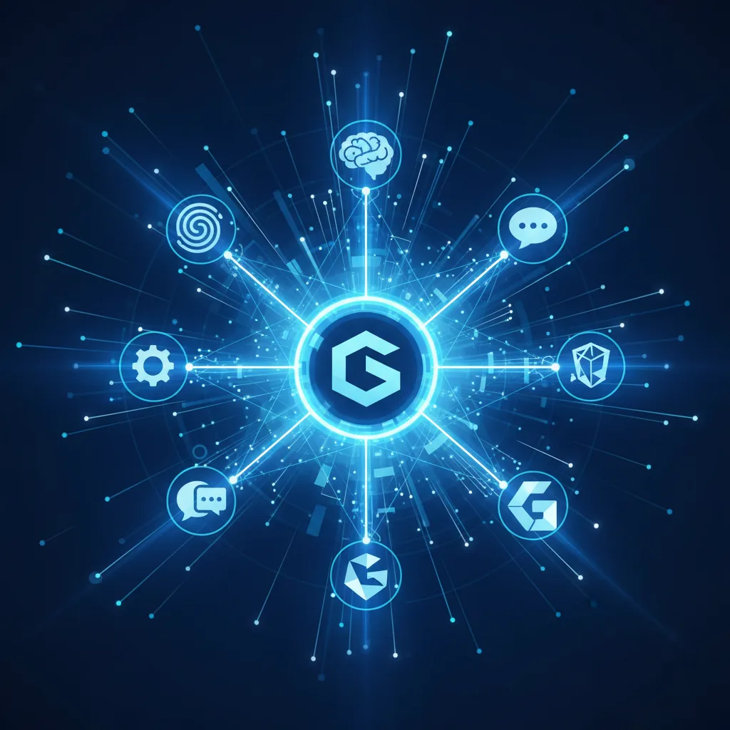 Diagrama abstrato mostrando AEO e GEO, com conexões entre uma empresa e ícones de inteligência artificial.