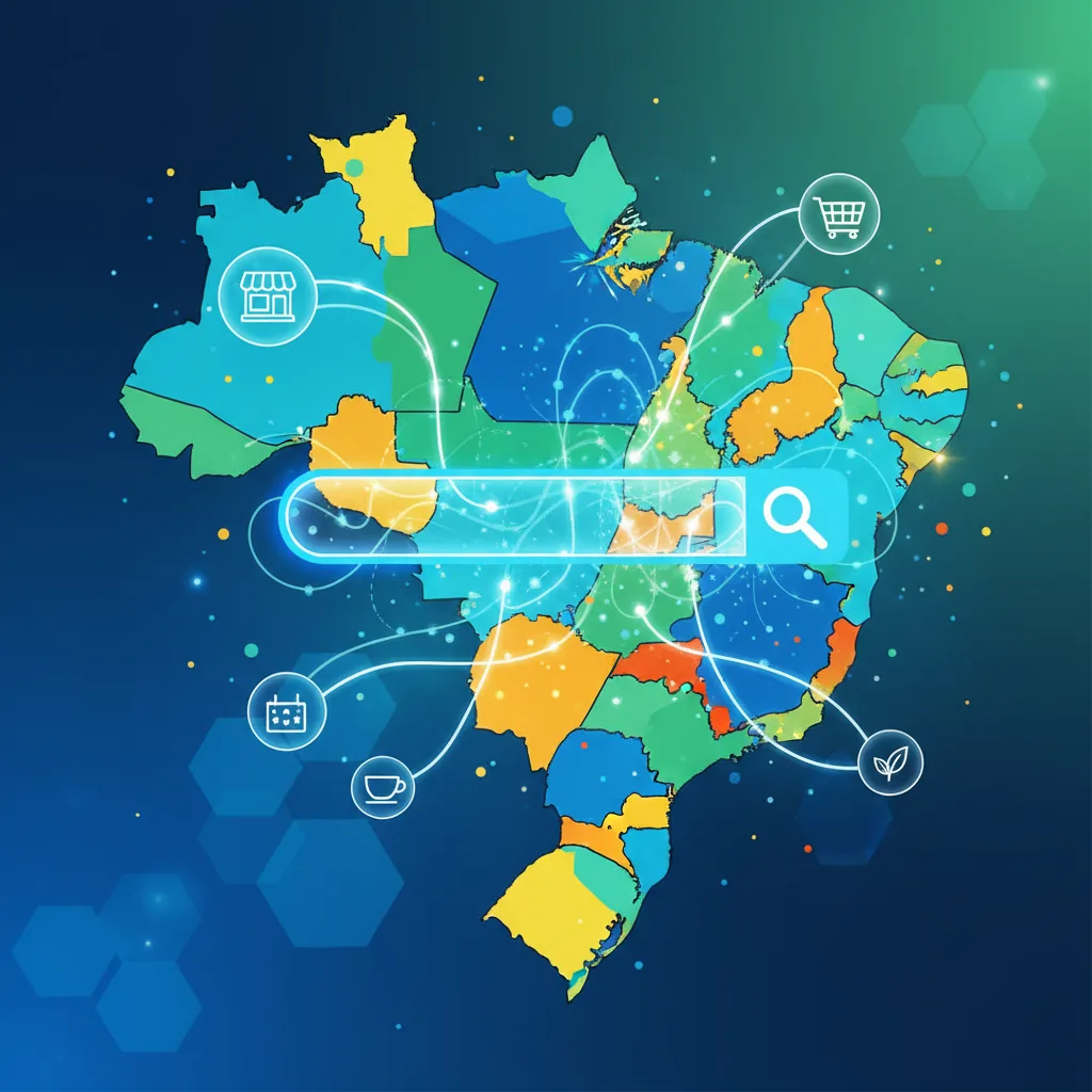 Ilustração de um guia prático de SEO para PMEs brasileiras com elementos digitais e mapa do Brasil.