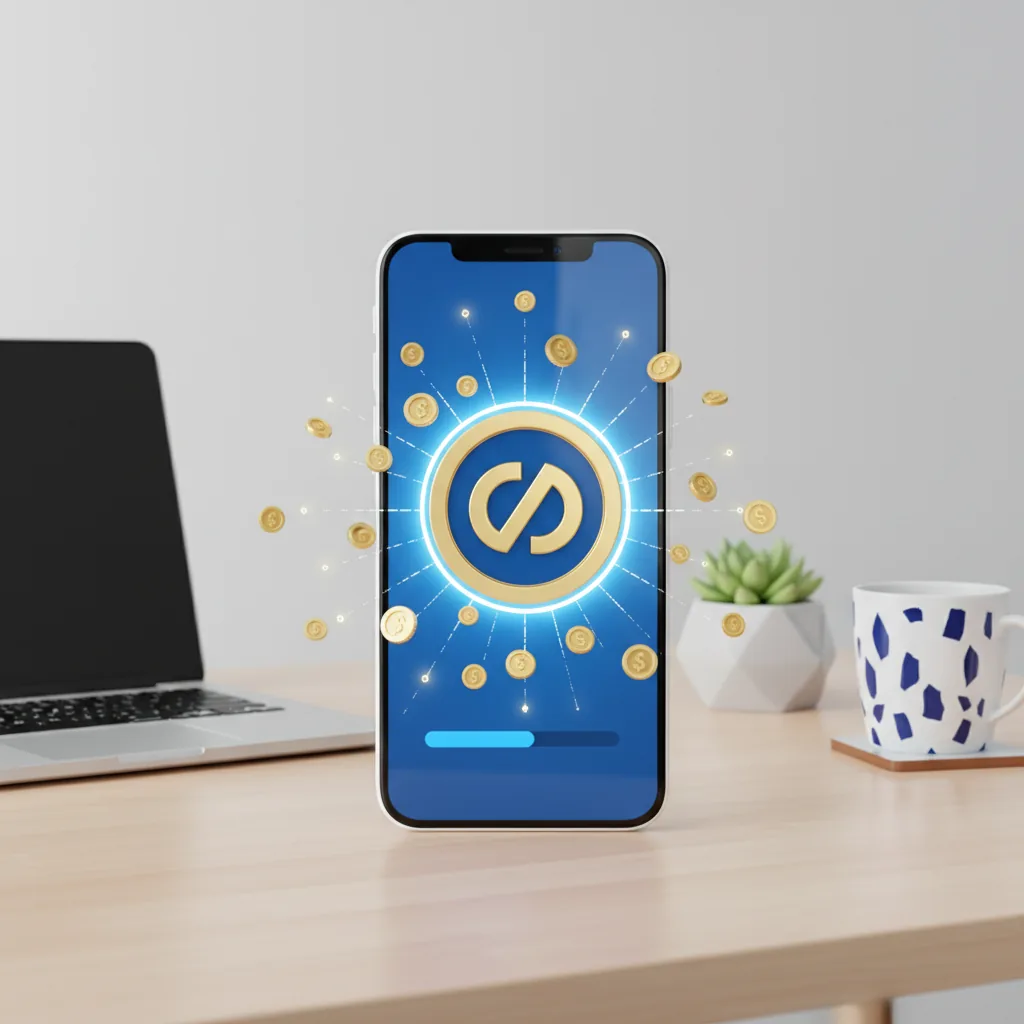 Interface digital de smartphone exibindo saldo em dólares e ícone do PayPal com moedas virtuais ao redor em ambiente moderno.