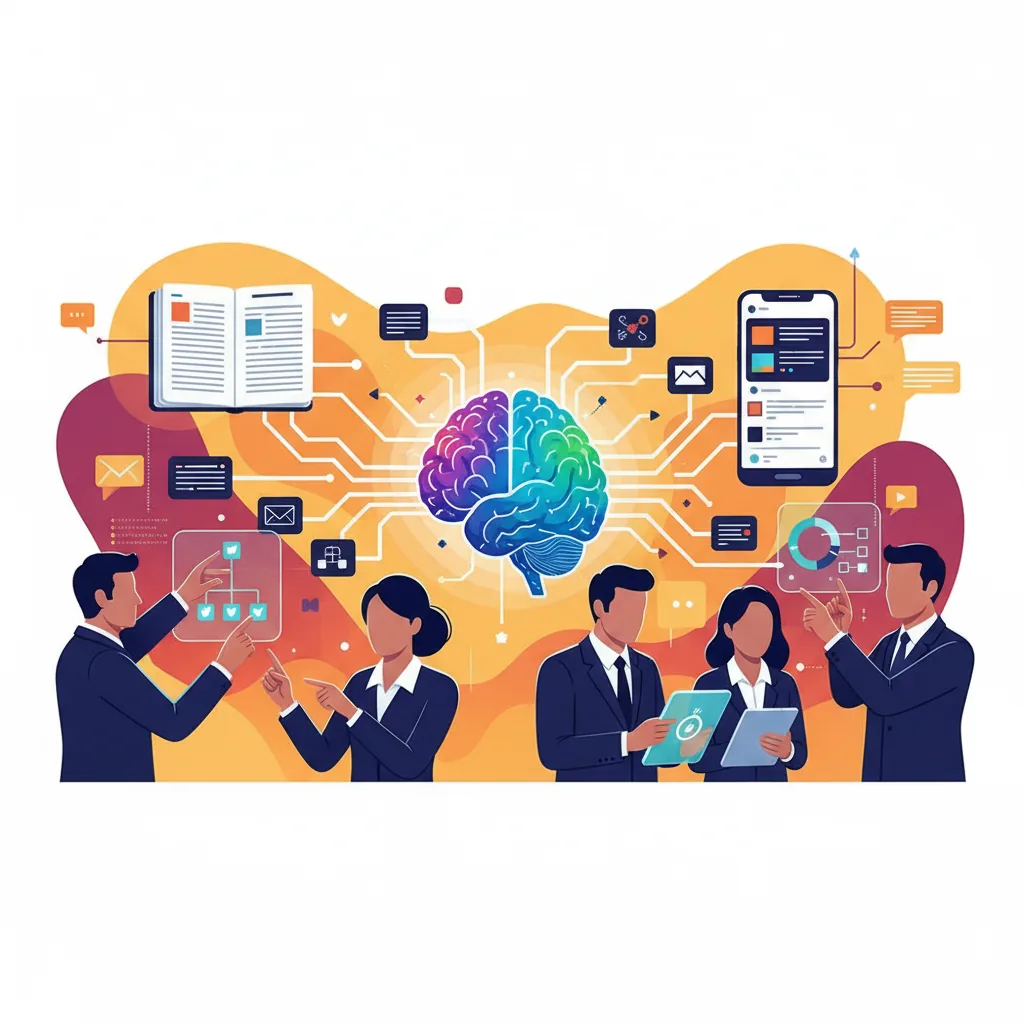 Representação visual de uma inteligência artificial colaborando com equipe de marketing para escalar a produção de conteúdo no Brasil.