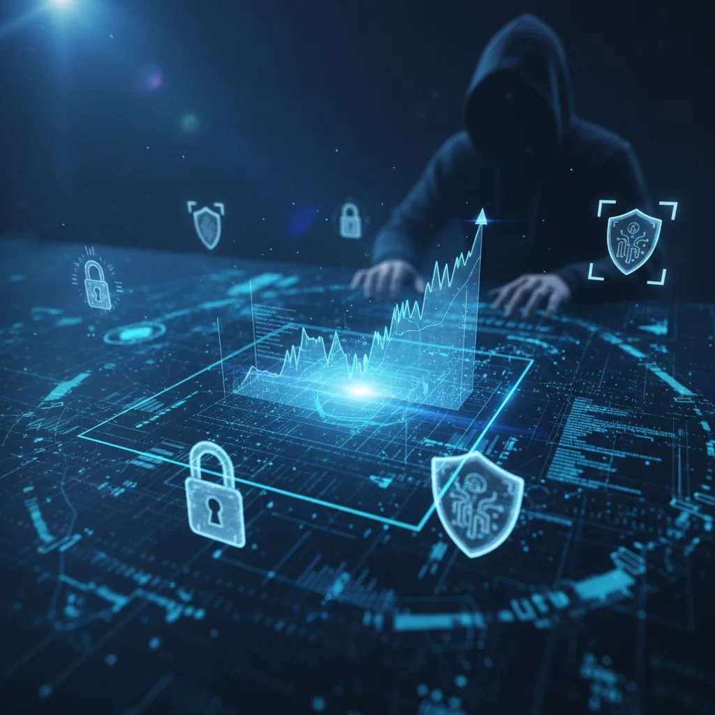 Representação visual de segurança digital com cadeado holográfico sobre tela de gráficos financeiros do TradingView
