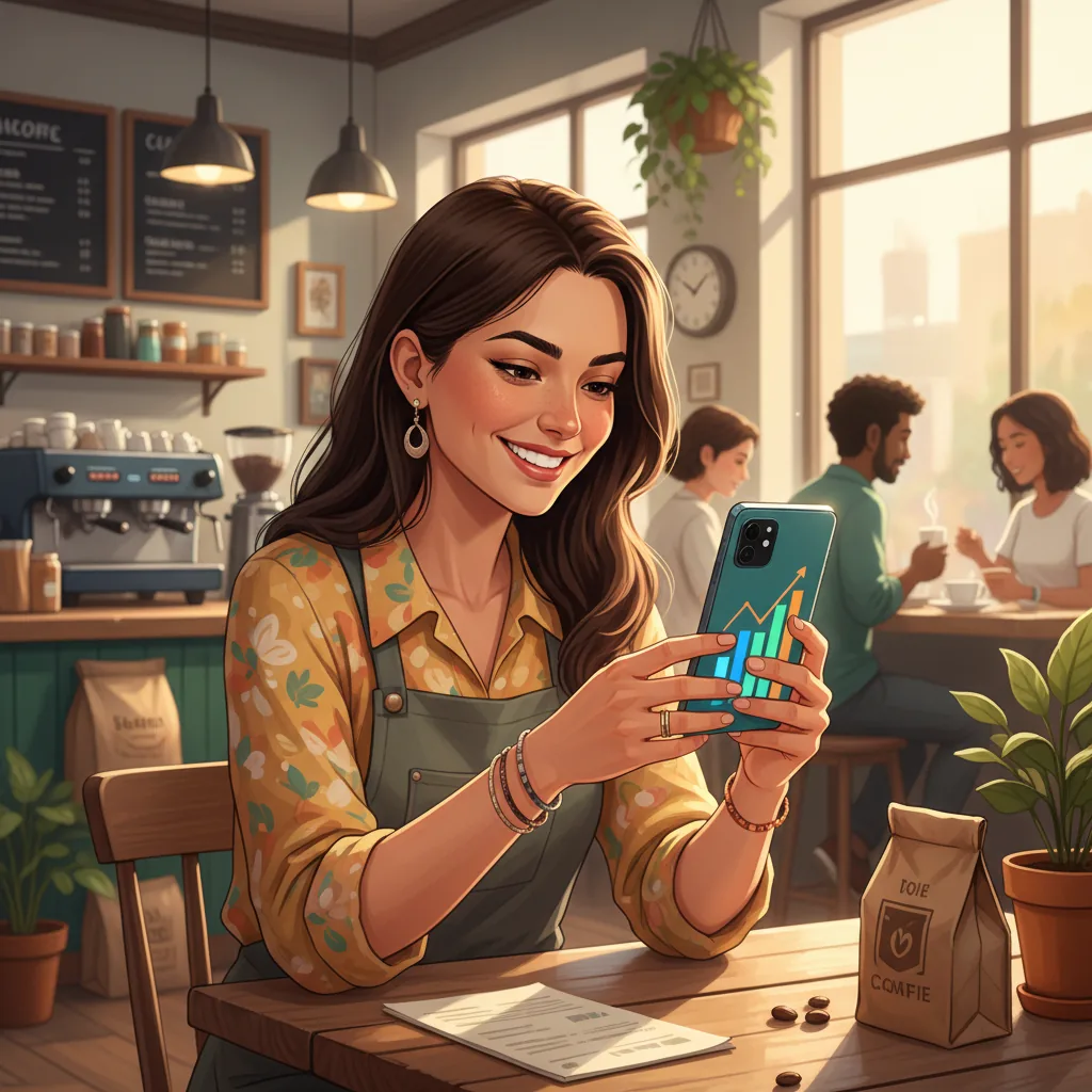 Mulher, dona de uma PME, analisando o tráfego de redes sociais em seu smartphone em 2026, com gráficos de crescimento visíveis.