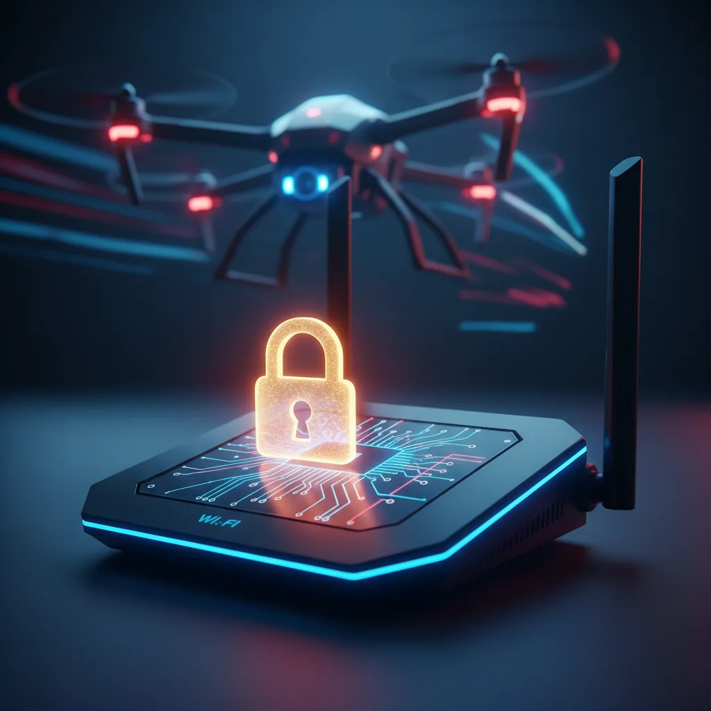 Detalhe de um drone e um roteador com um cadeado simbolizando a segurança de dispositivos de empresas chinesas na lista negra dos EUA em 2026.