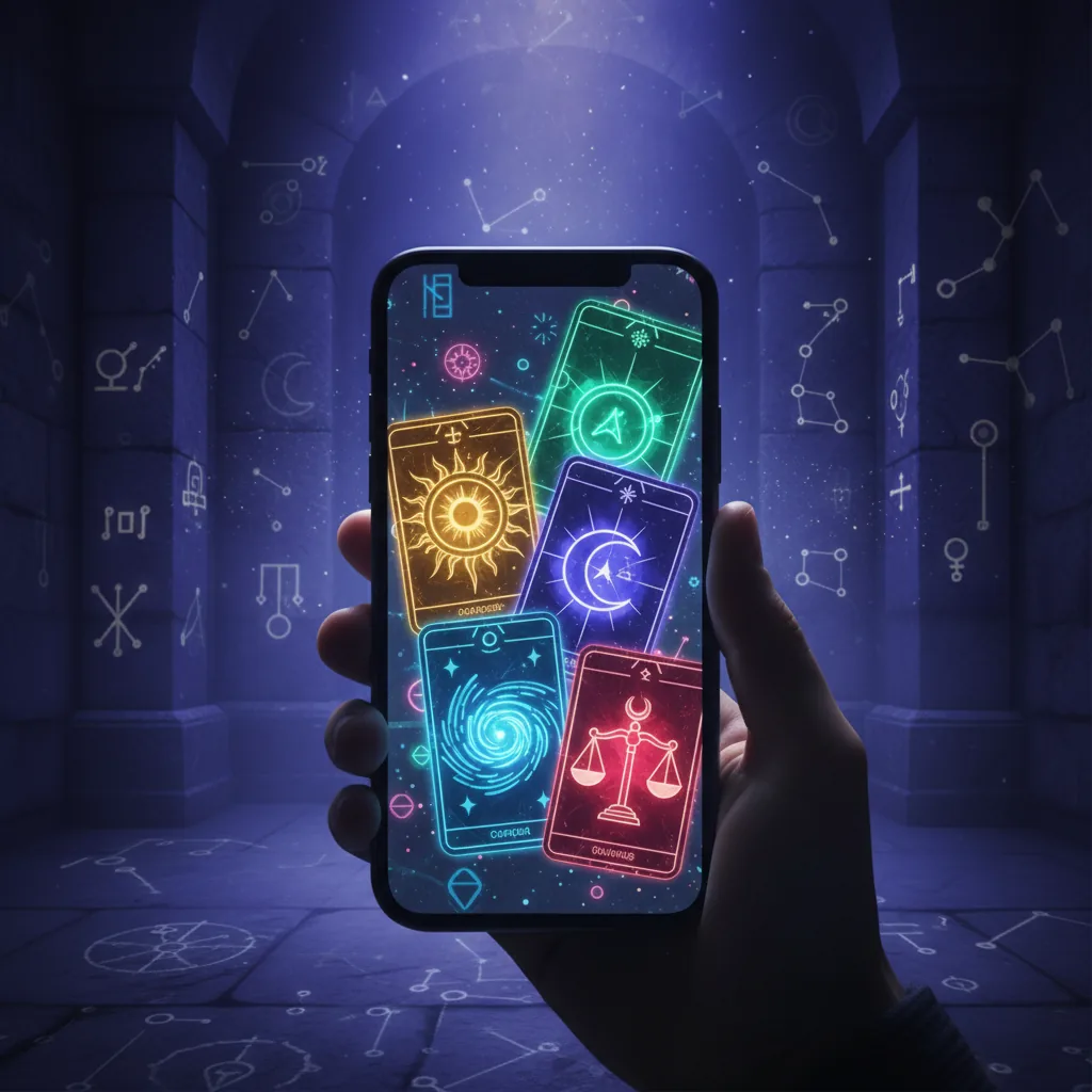 Celular exibindo cartas de tarô em um aplicativo, representando os melhores apps de tarô em 2026.