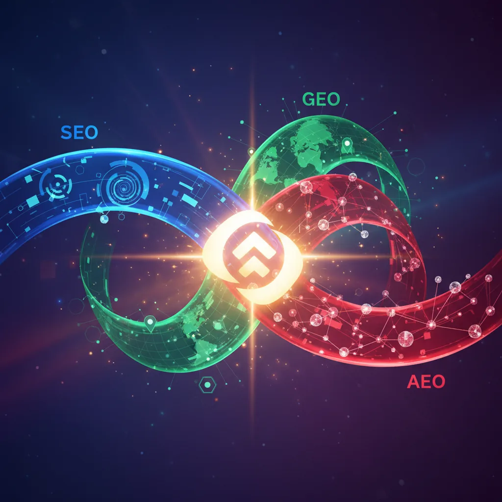 Infográfico abstrato mostrando a convergência das estratégias SEO, GEO e AEO na plataforma BlogAI para geração de tráfego orgânico.