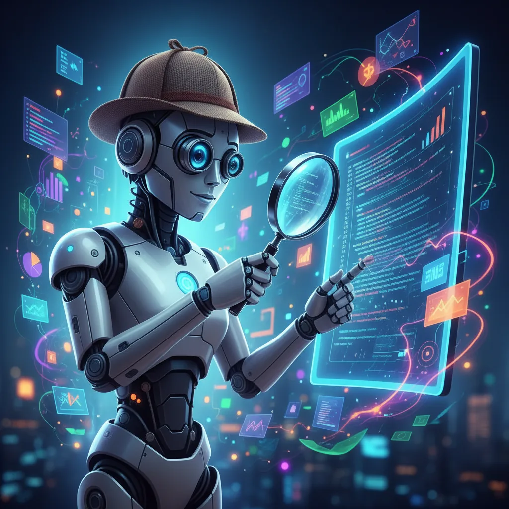 Imagem de um robô detetive analisando dados de SEO com IA