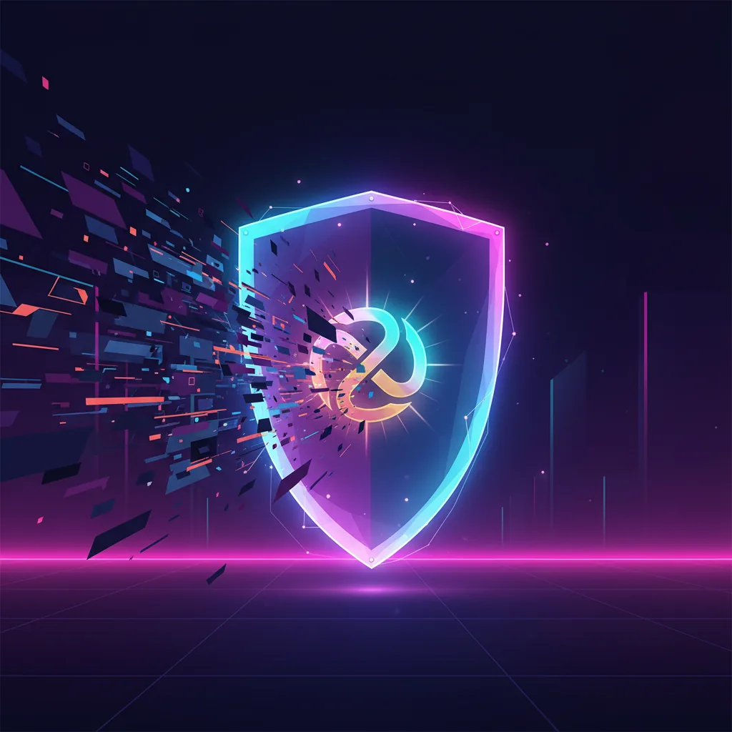 Um escudo digital protegendo o logo de uma marca contra fluxos de dados, ilustrando o conceito de SEO para IA e proteção contra manipulação.