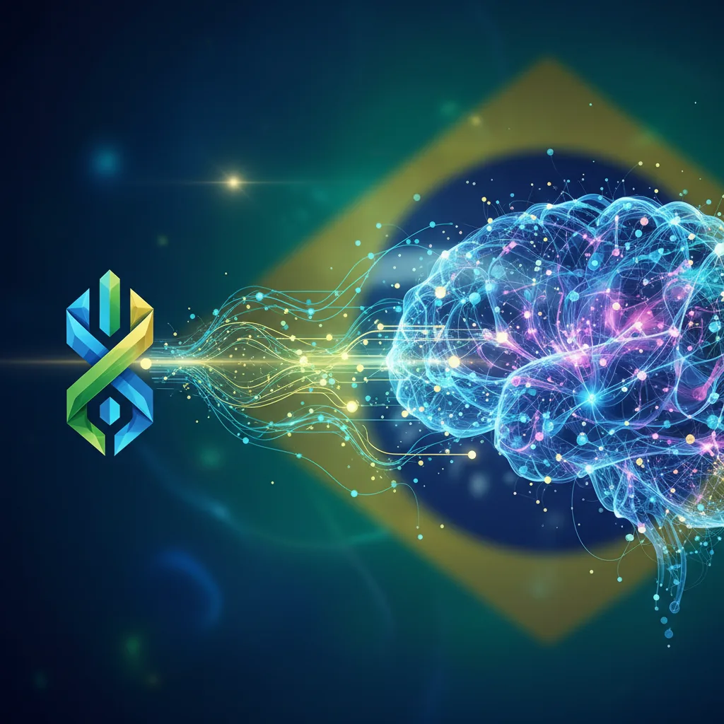 Ilustração mostrando a conexão de uma empresa brasileira com a inteligência artificial do ChatGPT para ser recomendada.