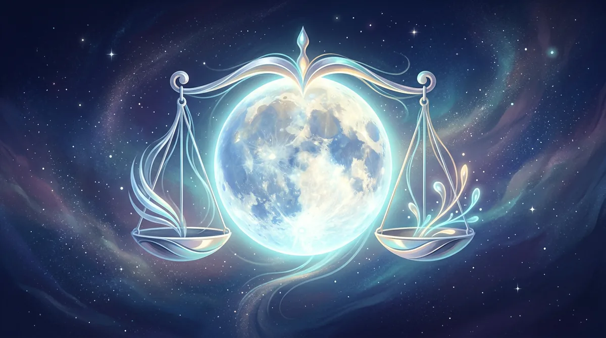 Representação artística da Lua crescente em Libra simbolizando equilíbrio emocional e astrologia em 2026