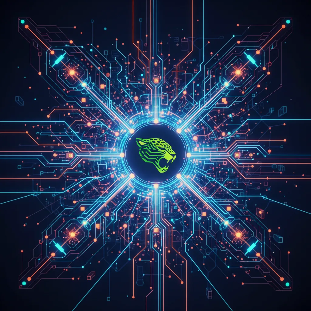 Ilustração abstrata de redes neurais de IA interconectadas citando o logotipo de uma empresa brasileira, com linhas brilhantes simbolizando fluxo de dados e reconhecimento.