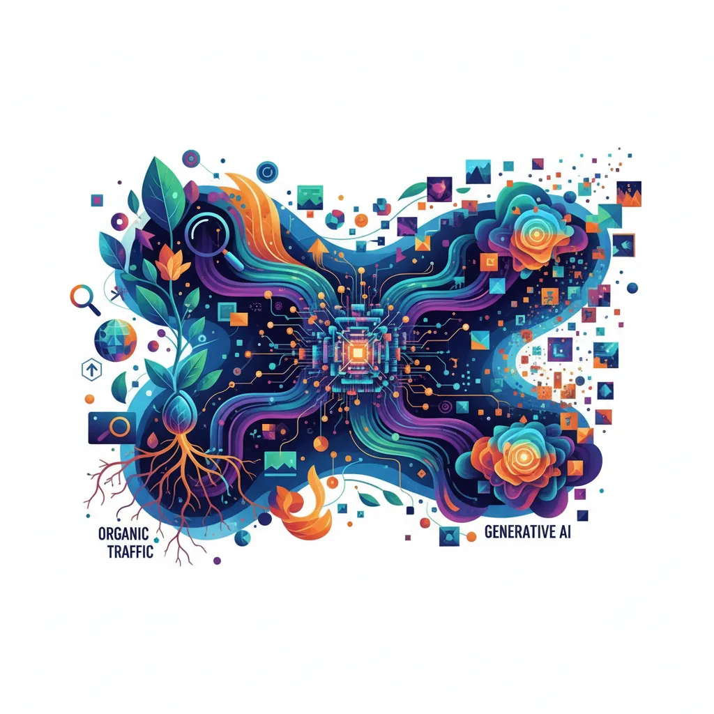 Ilustração digital abstrata de como o BlogAI otimiza conteúdo para AEO e GEO em 2026