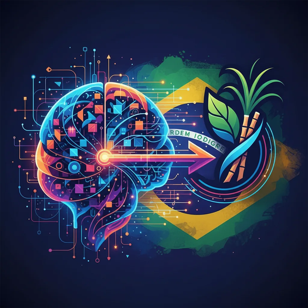 Ilustração abstrata de inteligência artificial recomendando uma empresa brasileira, com nós digitais e fluxo de dados