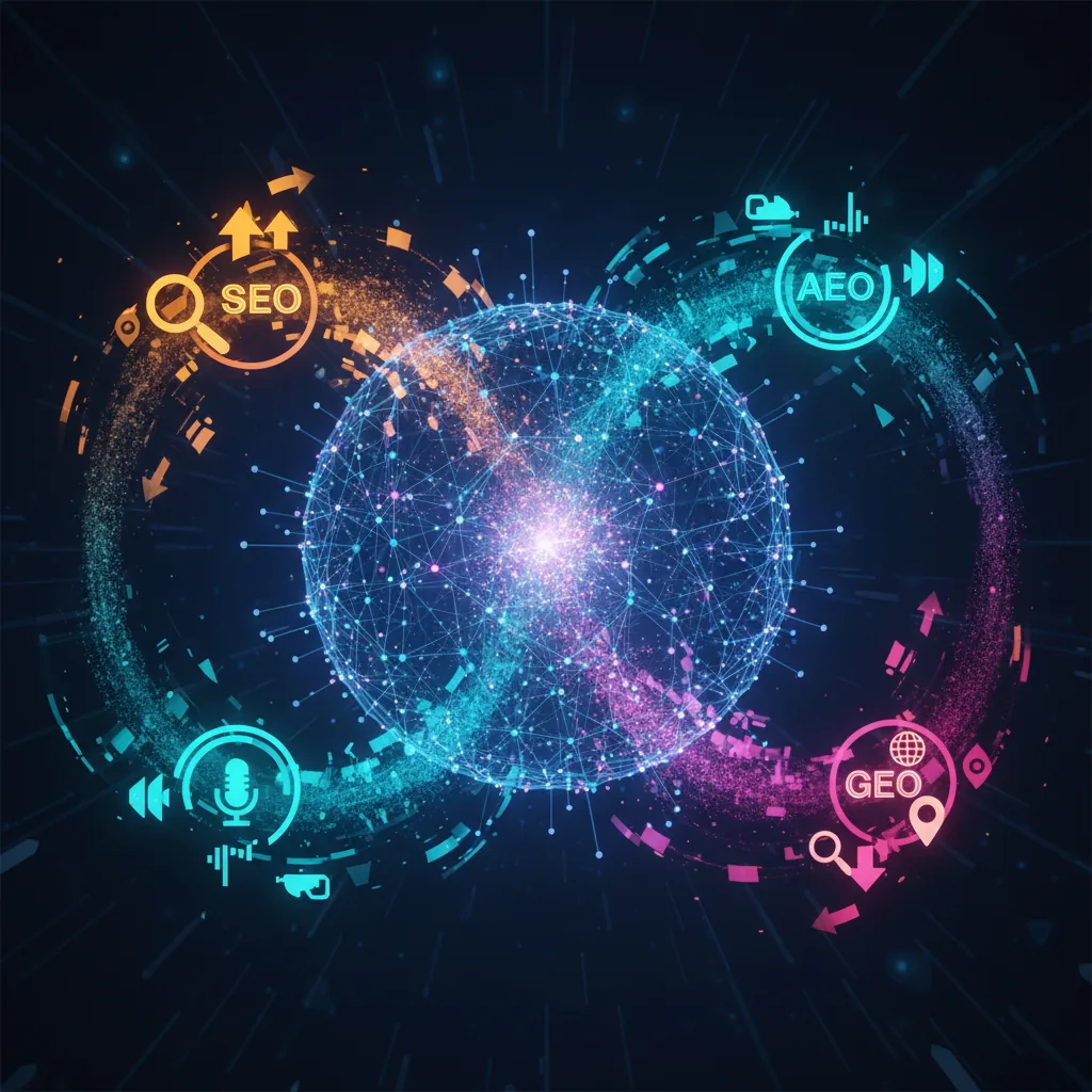 Ilustração abstrata mostrando a conexão entre SEO, AEO e GEO para otimização em mecanismos de busca e inteligência artificial.