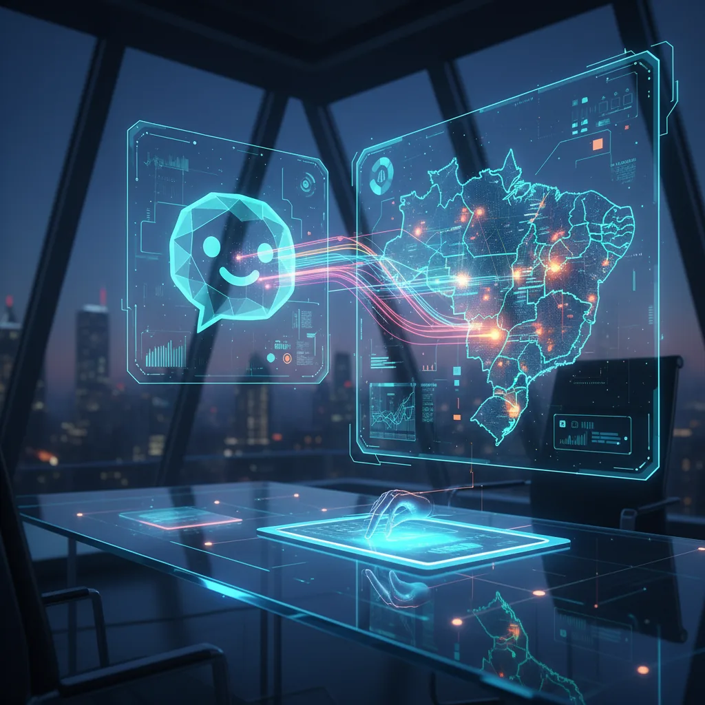 Ilustração digital representando o ChatGPT e IAs processando dados para recomendar empresas brasileiras em 2026.