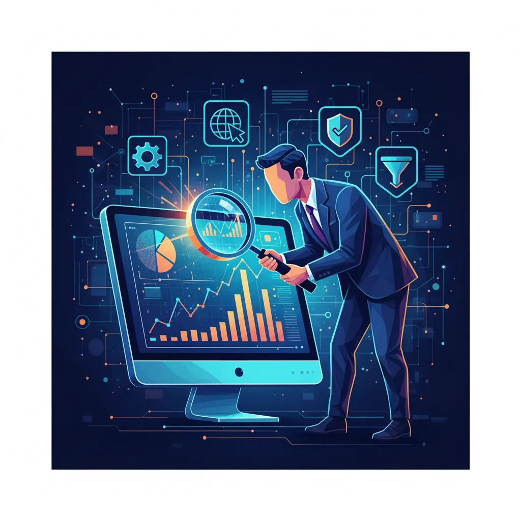 Pessoa analisando dados de tráfego em um monitor com elementos de SEO ao redor