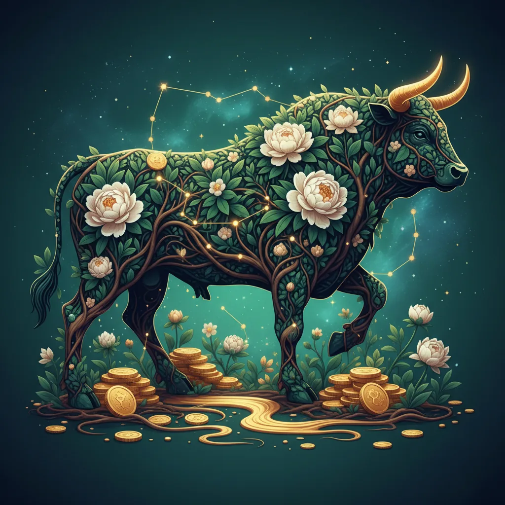 Ilustração artística do signo de Touro cercado por símbolos de prosperidade e o planeta Vênus em um céu estrelado de 2026
