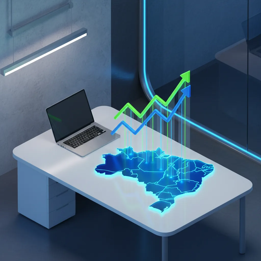 Infográfico estilizado mostrando crescimento de tráfego orgânico no Brasil em 2026 com gráficos subindo e ícones digitais.