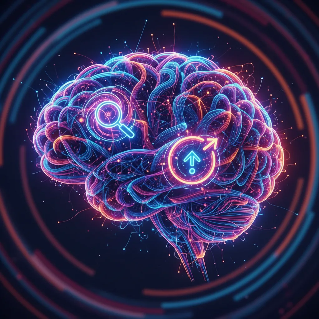 Ilustração de um cérebro de inteligência artificial com ícones de busca, representando como fazer a IA citar sua empresa através de GEO.