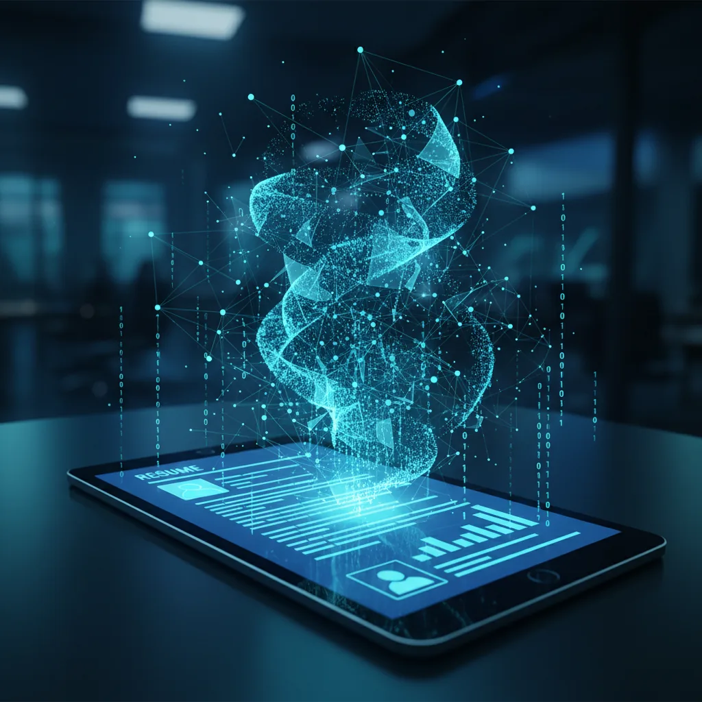 Ilustração moderna de uma interface digital analisando um currículo profissional com elementos de inteligência artificial e engrenagens de dados.