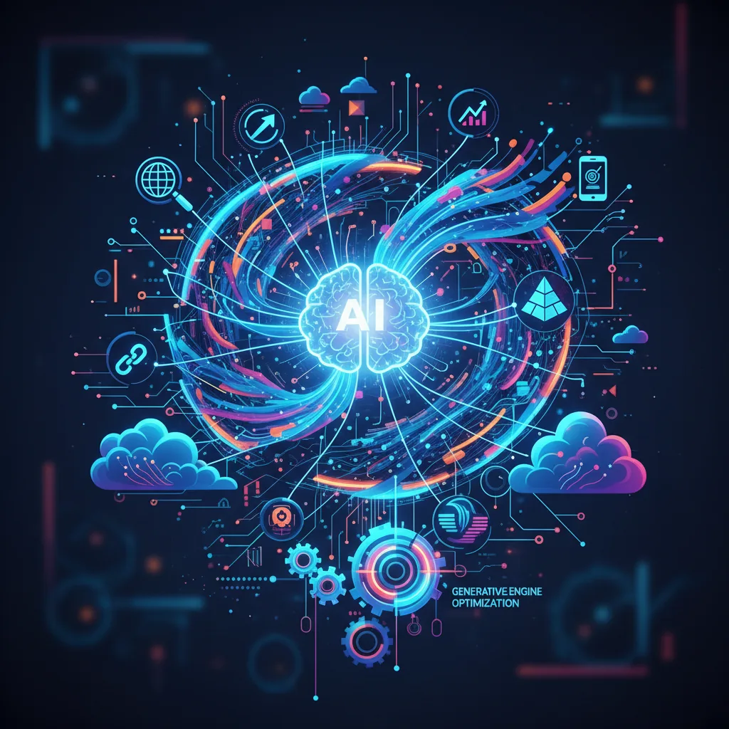 Representação digital de elementos de SEO, GEO e AEO em uma rede conectada pela inteligência artificial. BlogAI.