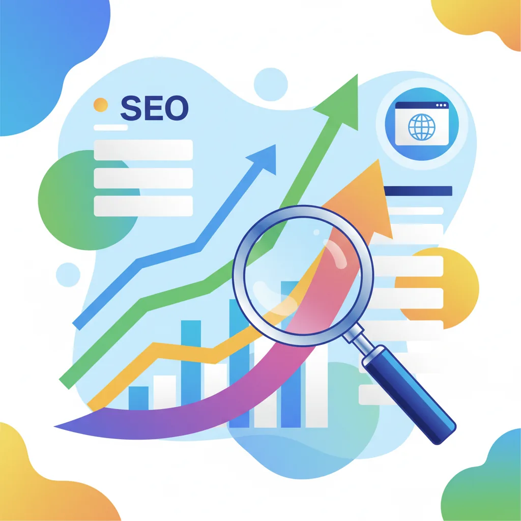 Gráfico com o crescimento de tráfego orgânico no marketing digital, mostrando uma lupa e resultados de busca do Google.
