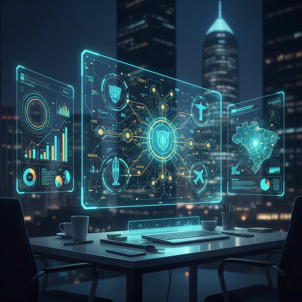 Representação visual de inteligência artificial analisando dados de empresas brasileiras para recomendações de busca