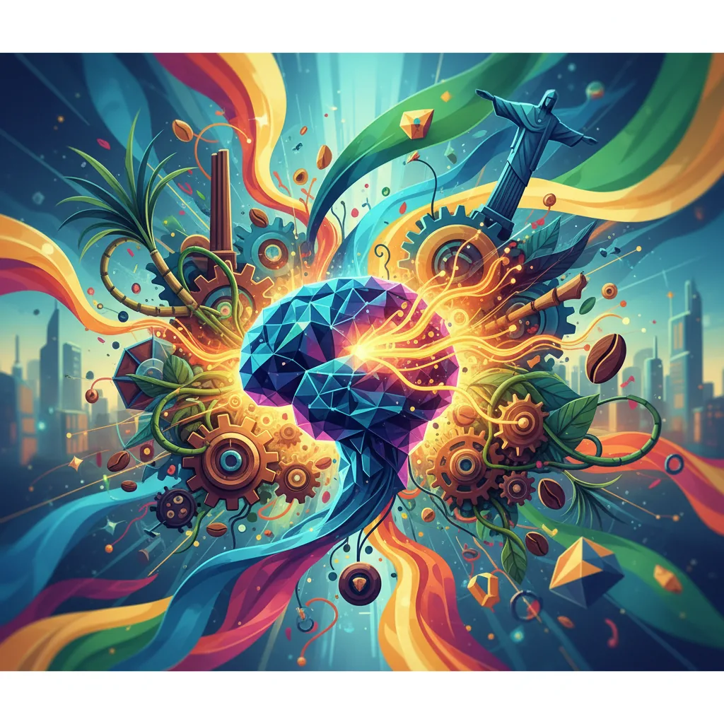 Ilustração abstrata de inteligência artificial interagindo com empresas brasileiras