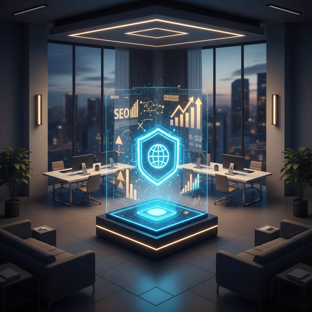 Empresário brasileiro analisando gráficos de SEO para empresas em um computador moderno com fundo digital.