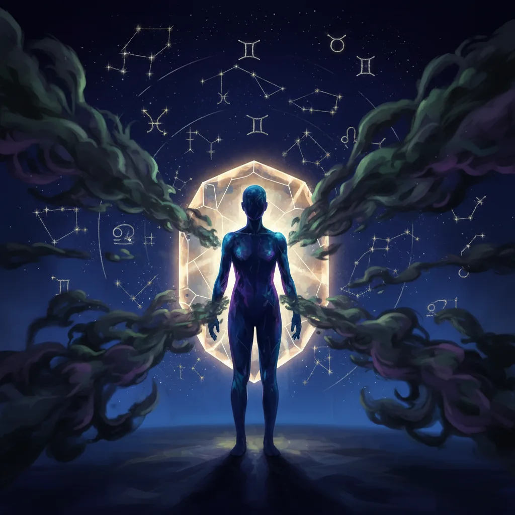 Ilustração mística de uma silhueta humana rodeada por uma aura protetora contra sombras energéticas e símbolos astrológicos flutuantes.