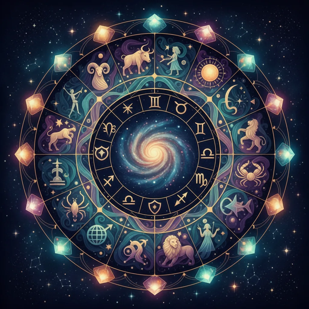 Calendário astrológico de 2026 com símbolos de signos e planetas