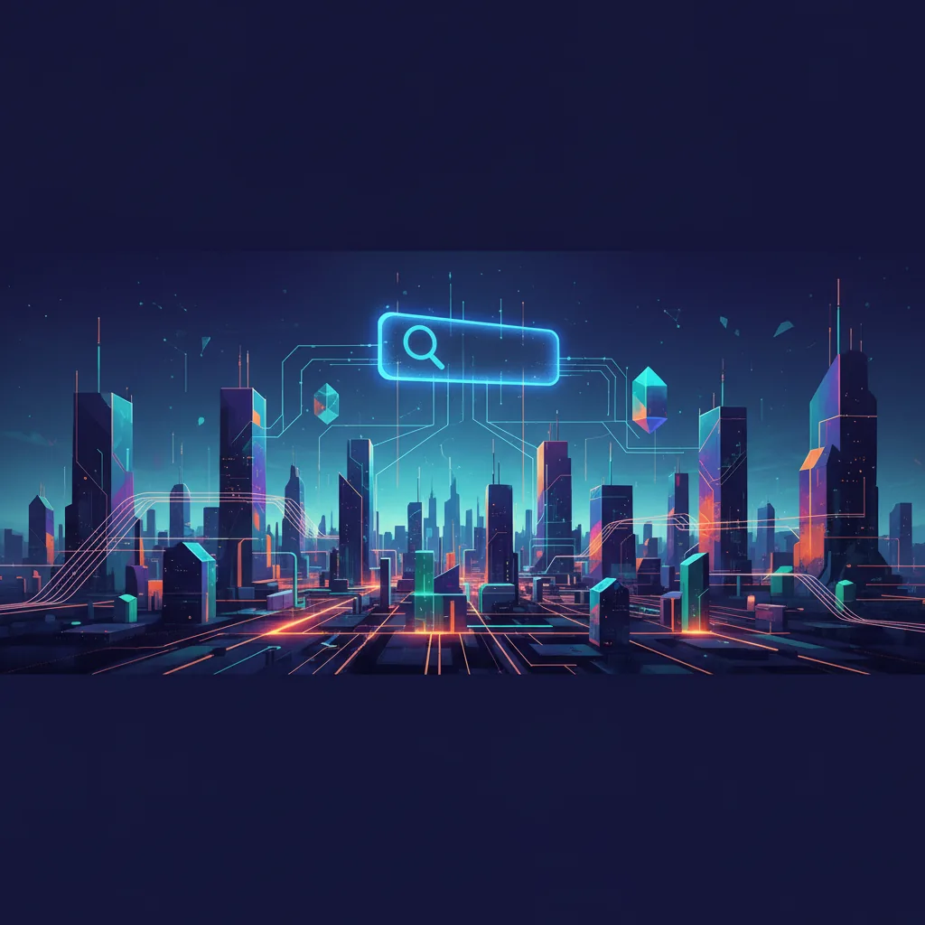 Ilustração de uma cidade digital futurista representando a otimização de empresas para IA e mecanismos de busca em 2026