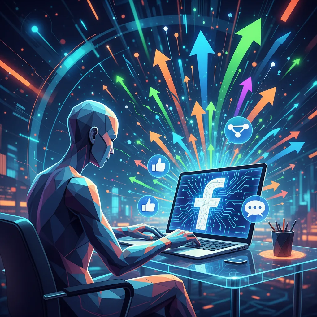 Pessoa trabalhando em laptop, com ícones do Facebook e gráficos de crescimento orgânico