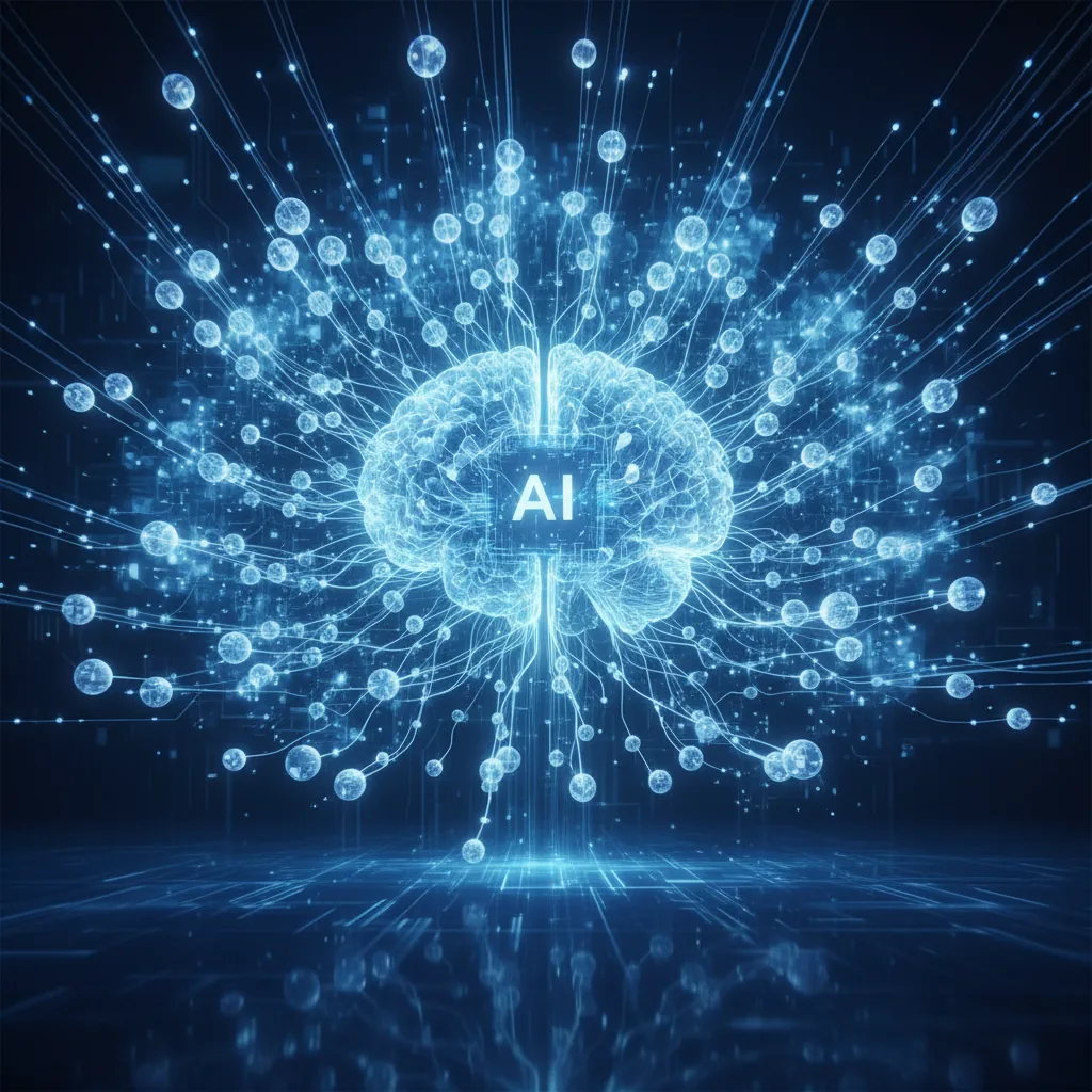 Ilustração de uma inteligência artificial conectando-se a fontes de dados, representando como o ChatGPT recomenda empresas.