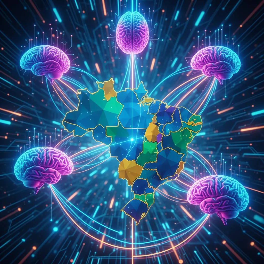 Representação digital de cérebros de inteligência artificial conectados sobre um mapa do Brasil