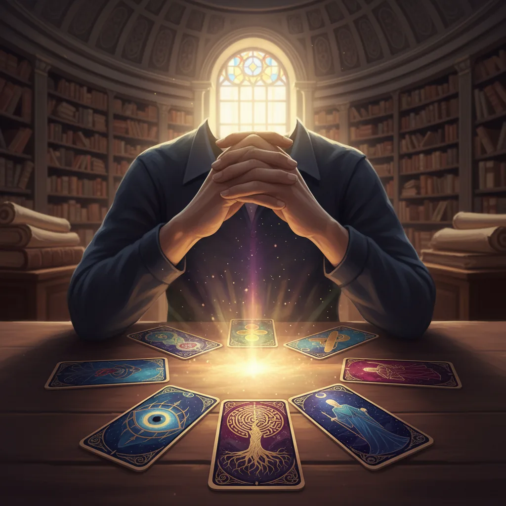 Pessoa examinando cartas de tarô em uma mesa, com luz mística e atmosfera de sabedoria ancestral. Representa a leitura de tarô para autoconhecimento.