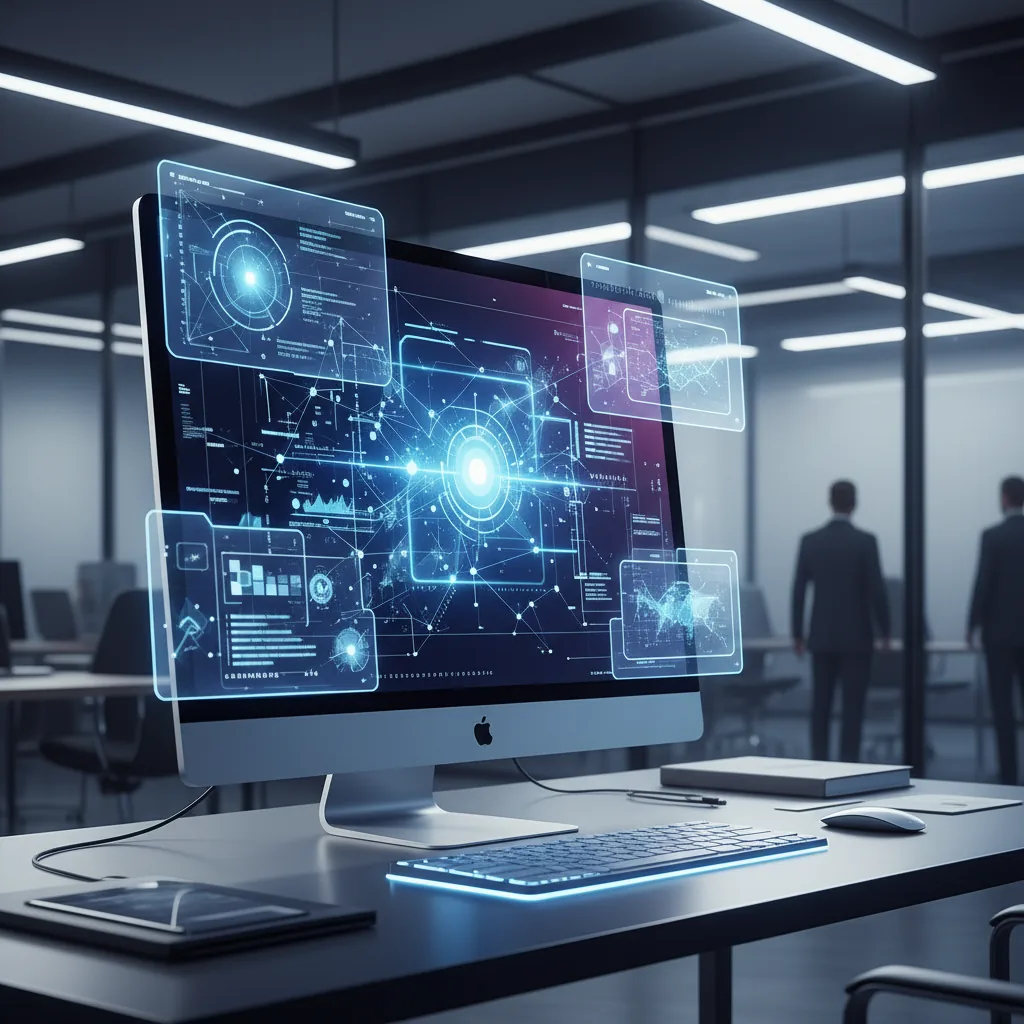Escritório moderno com tecnologia de inteligência artificial aplicada à produção de conteúdo digital em 2026.