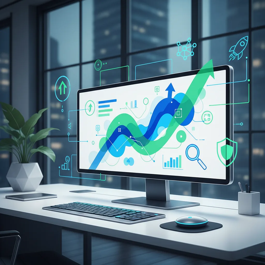 Ilustração de painel digital moderno com gráficos e ícones de crescimento orgânico e ferramentas de busca para SEO em 2026.