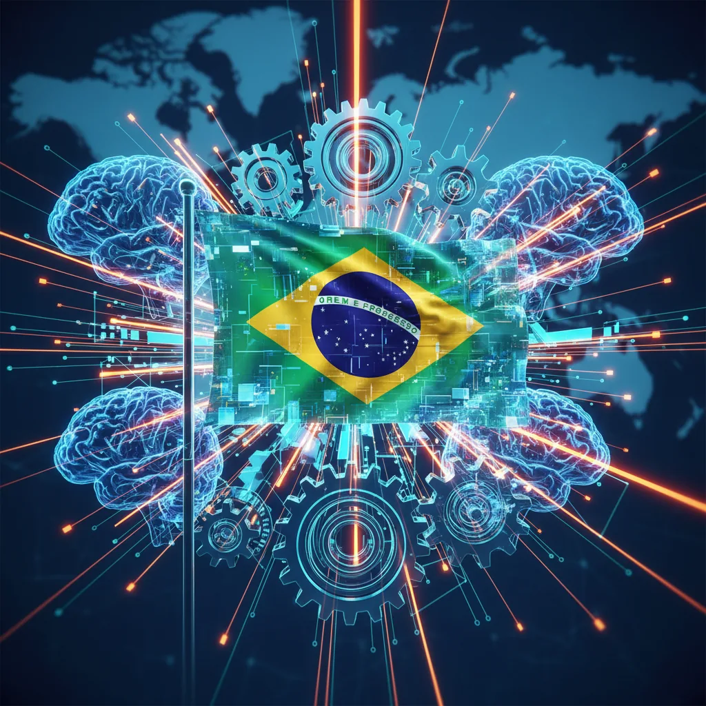 Representação de inteligência artificial processando dados e destacando uma empresa brasileira