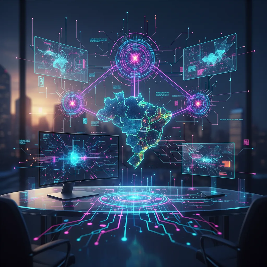 Infográfico ilustrativo sobre estratégias de AEO e GEO em 2026 com ícones de inteligência artificial e mapas