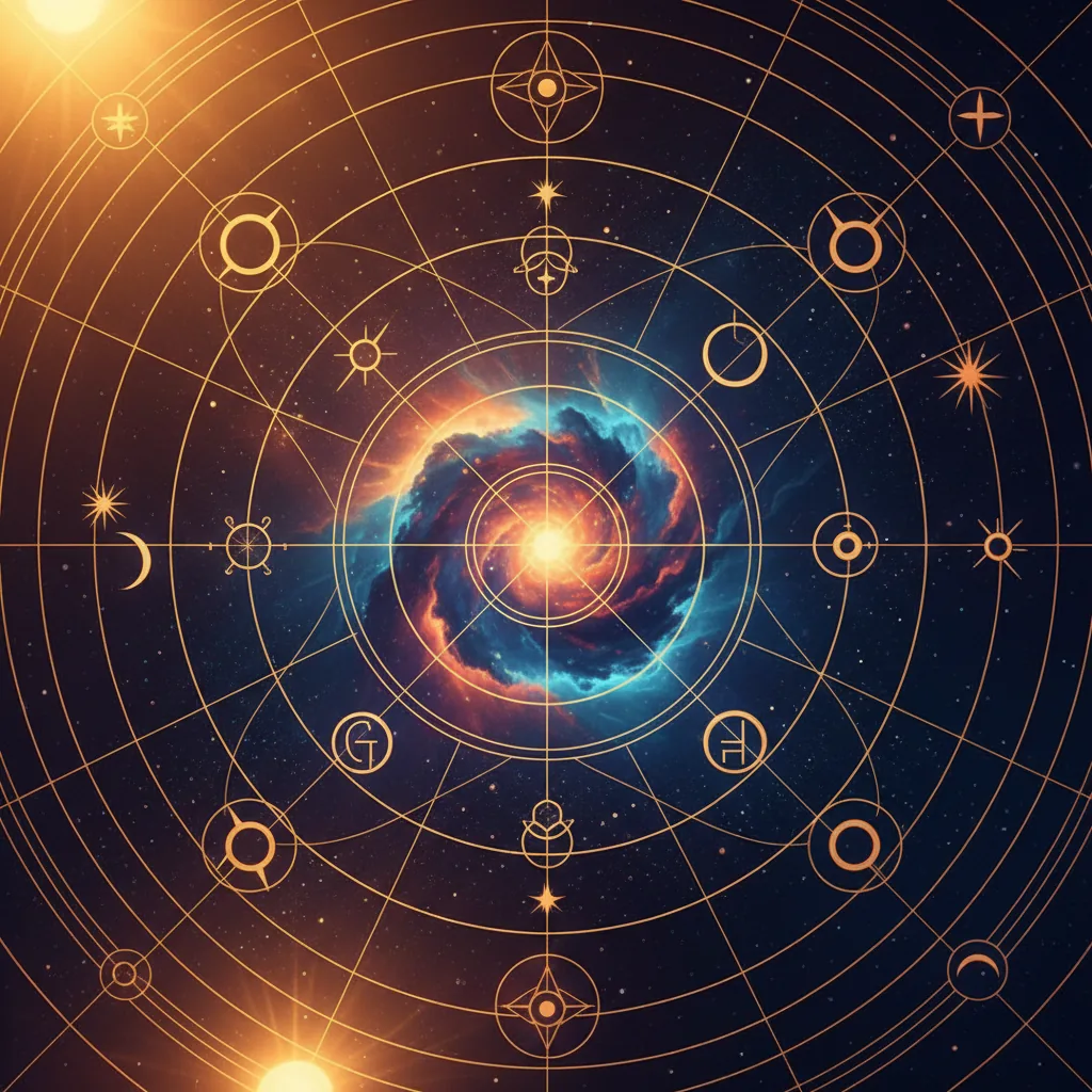 Mapa celestial com alinhamentos planetários e símbolos cósmicos, representando os sinais astrológicos de 2026