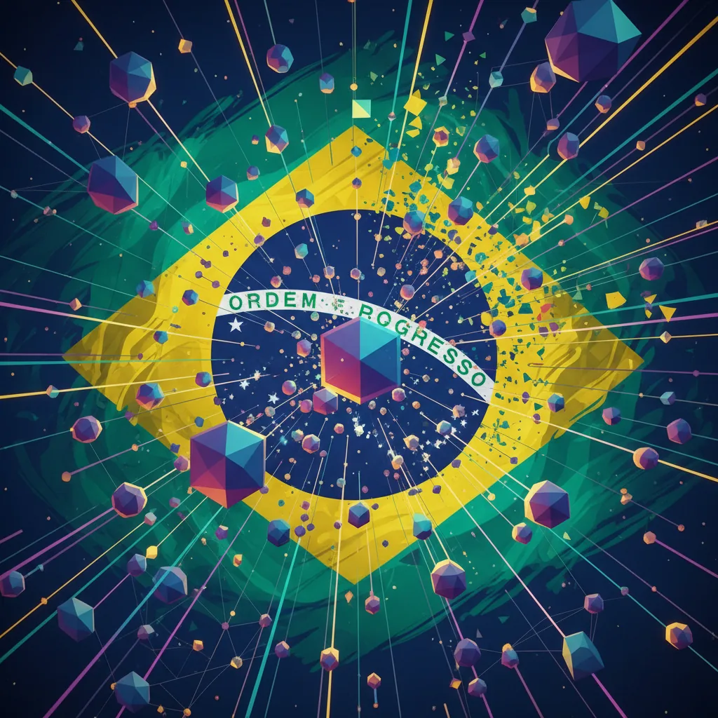 Representação visual de uma rede digital abstrata conectando pontos de dados, simbolizando o aprendizado de IA e a otimização de conteúdo com um motivo sutil da bandeira brasileira ao fundo.