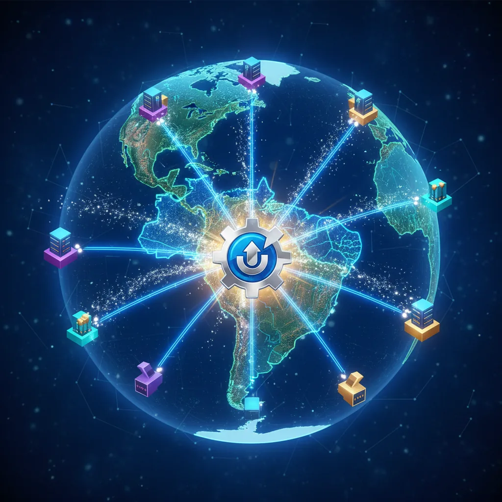 Ilustração de conexões digitais globais representando autoridade e backlinks de sites internacionais para o Brasil em 2026.