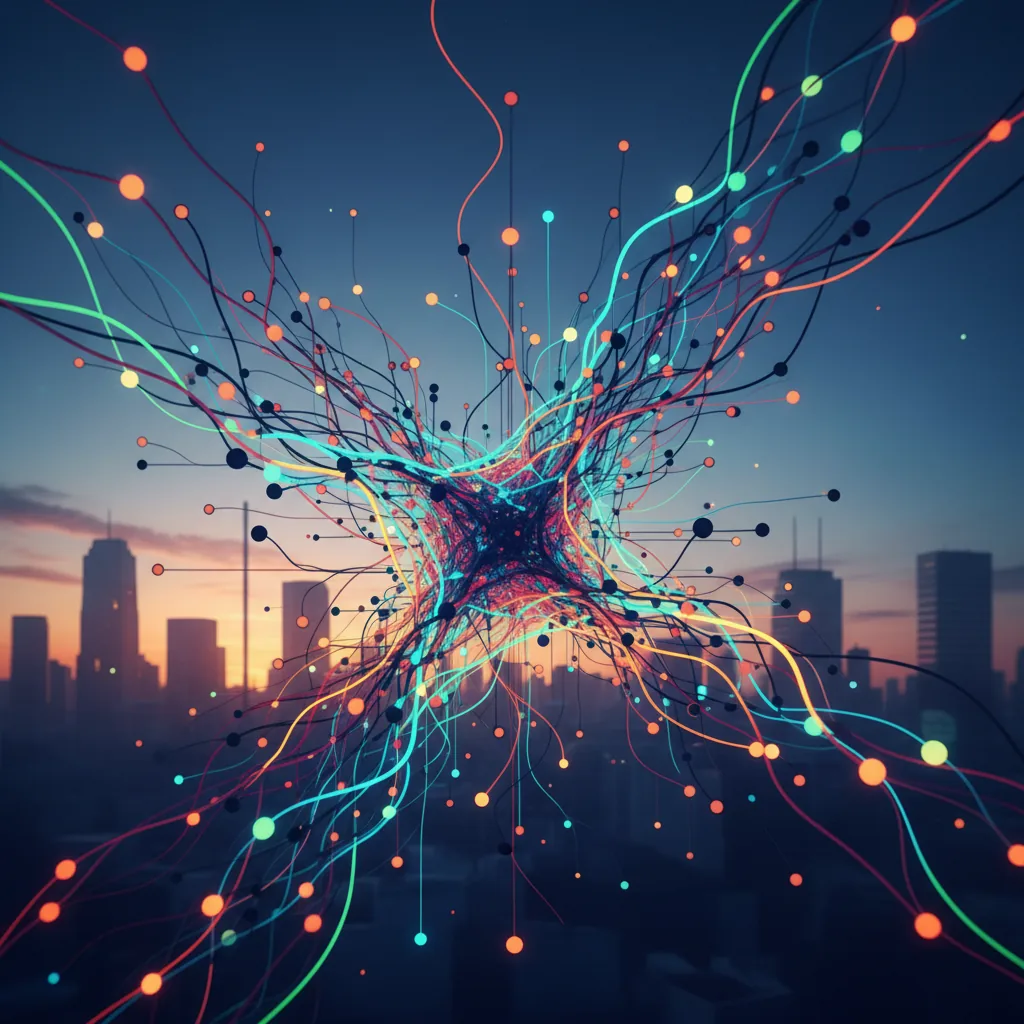 Ilustração abstrata de uma rede neural representando inteligência artificial, ao fundo uma cidade brasileira.