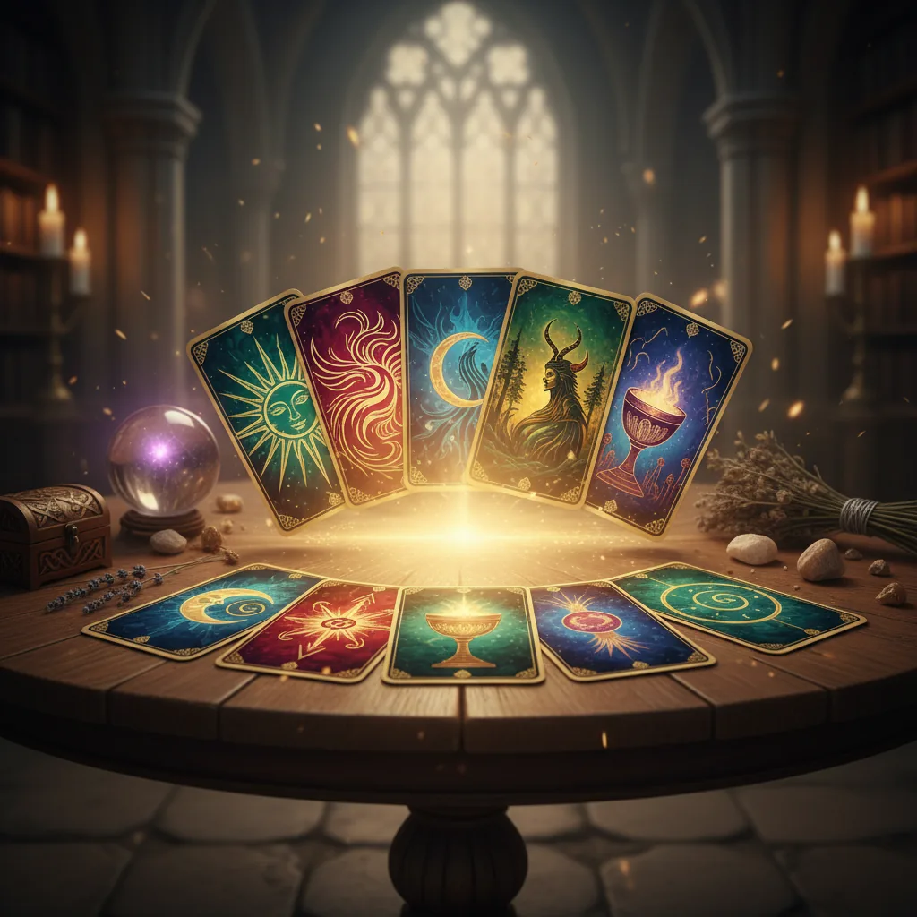 Sete cartas de tarô espalhadas em uma mesa mística, com luz suave e elementos arquetípicos ao redor, para ilustrar os segredos do tarô.