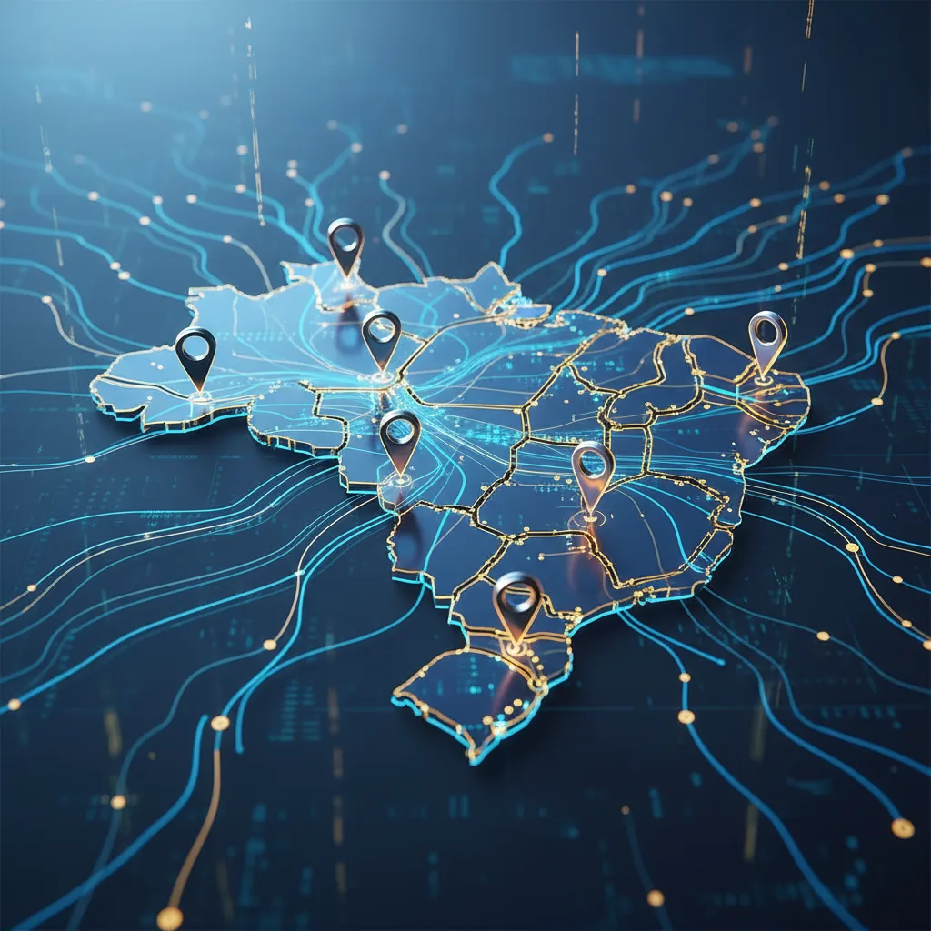 Infográfico estilizado representando a conexão entre inteligência artificial, geoprocessamento e busca digital em 2026.