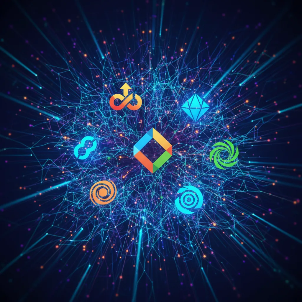 Ilustração abstrata de redes neurais interconectadas, com logos de empresas brilhando, simbolizando a recomendação de IA a negócios online.